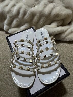 Nine West White Studded Multi-Strap Slide Sandals